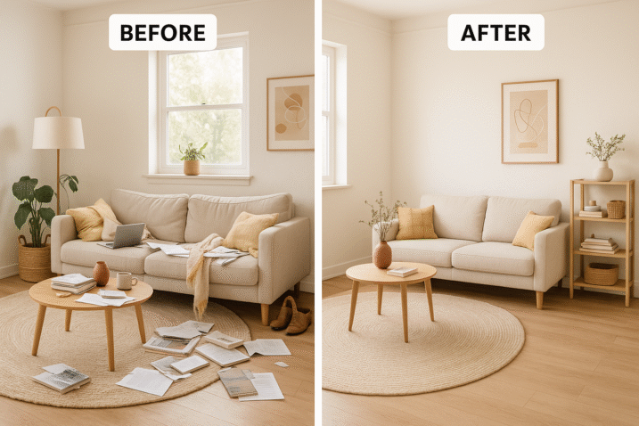 Before and after view of a Clutter Creeps living room transformed into an organized space