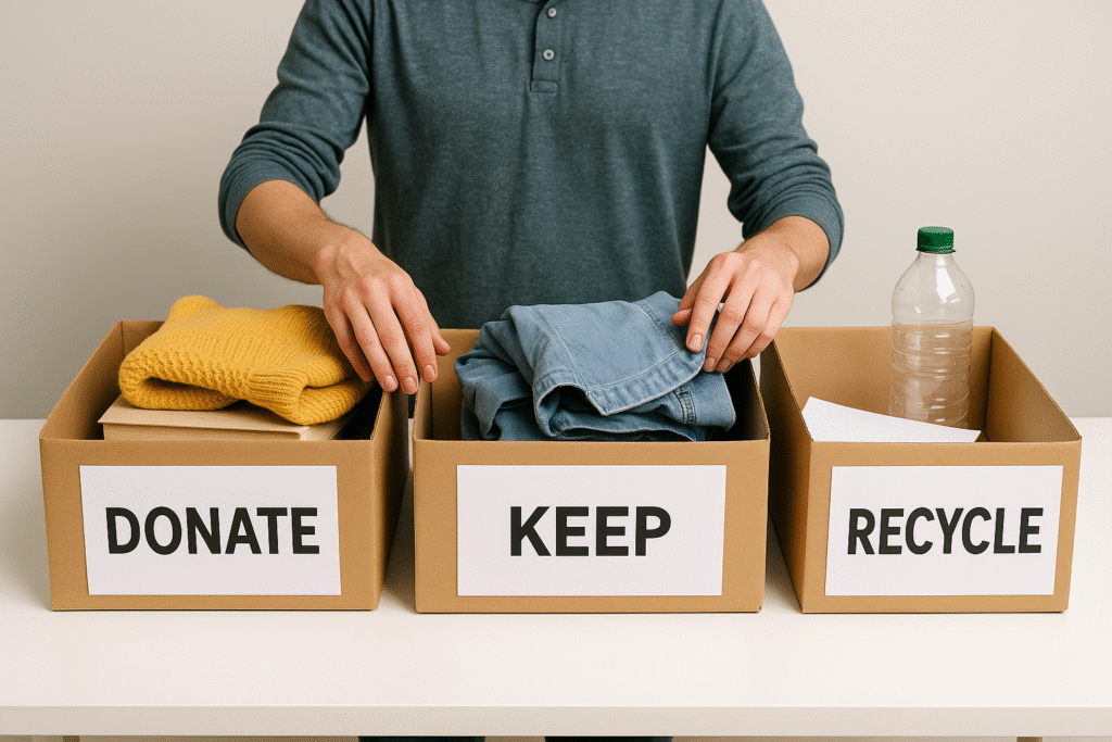 Sorting items into donate, keep, and recycle piles to reduce clutter