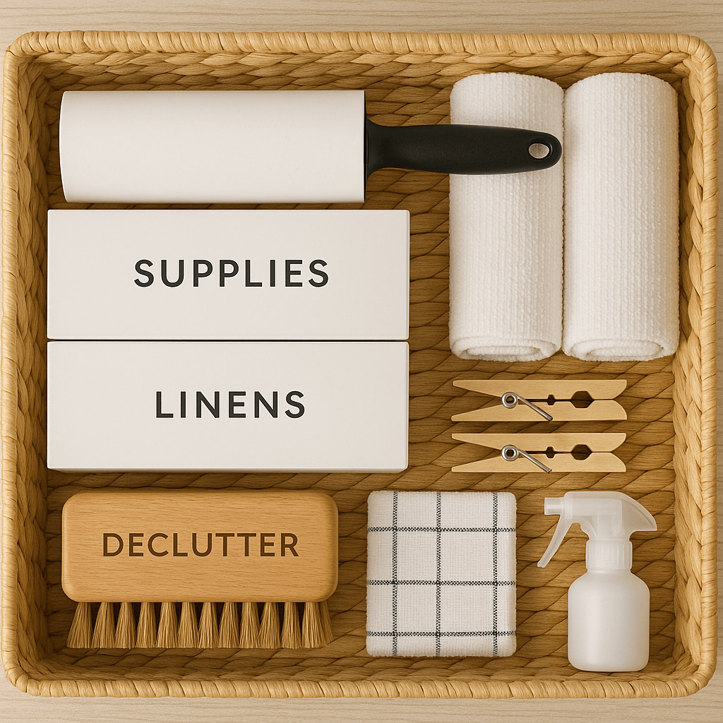 Labeled storage boxes used for home decluttering and organization