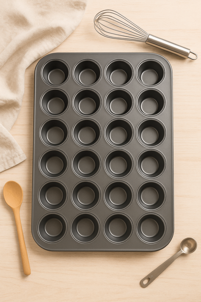Nonstick mini muffin pan with baking tools.