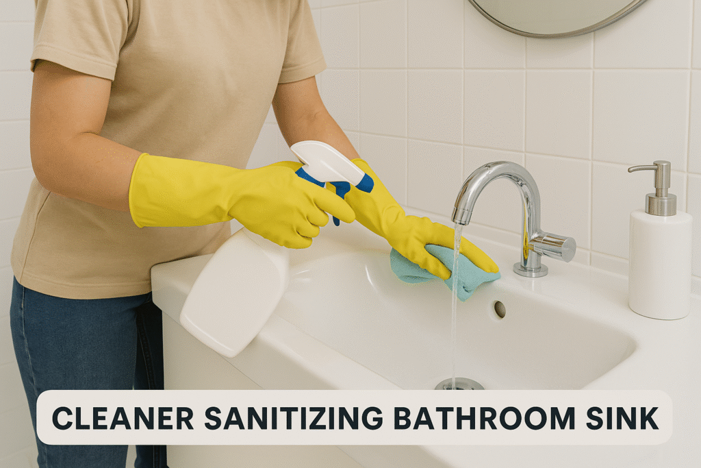 Cleaning bathroom sink with sanitizer.