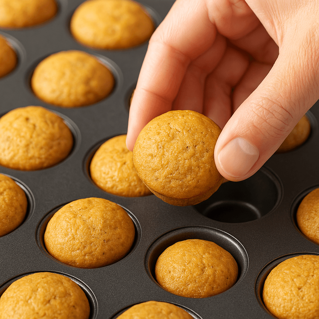 Mini muffins popping out of a nonstick muffin pan.