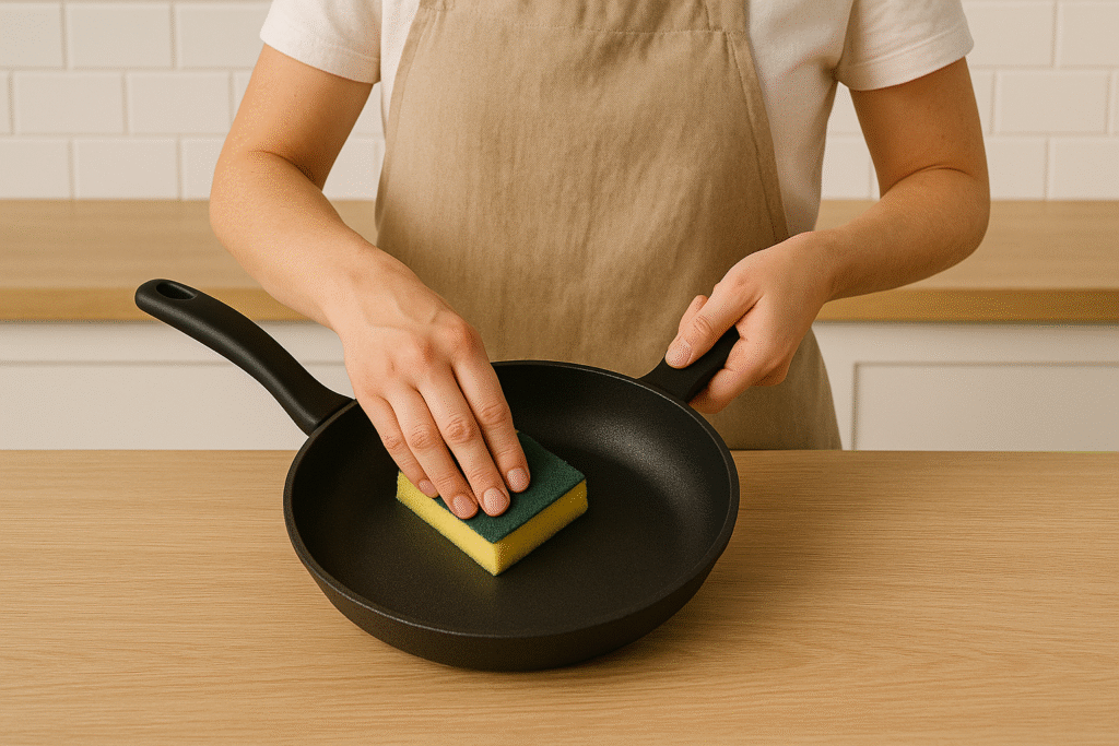 Cleaning a nonstick pan using sponge