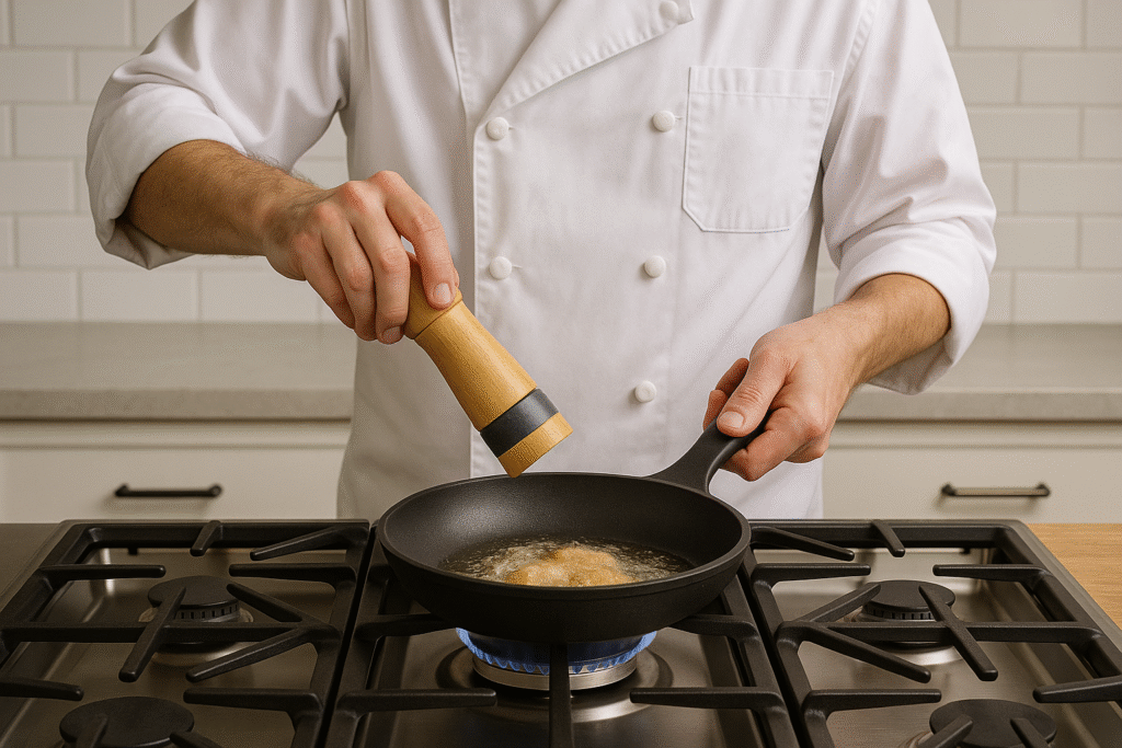 Chef demonstrating frying pan use on stovetop