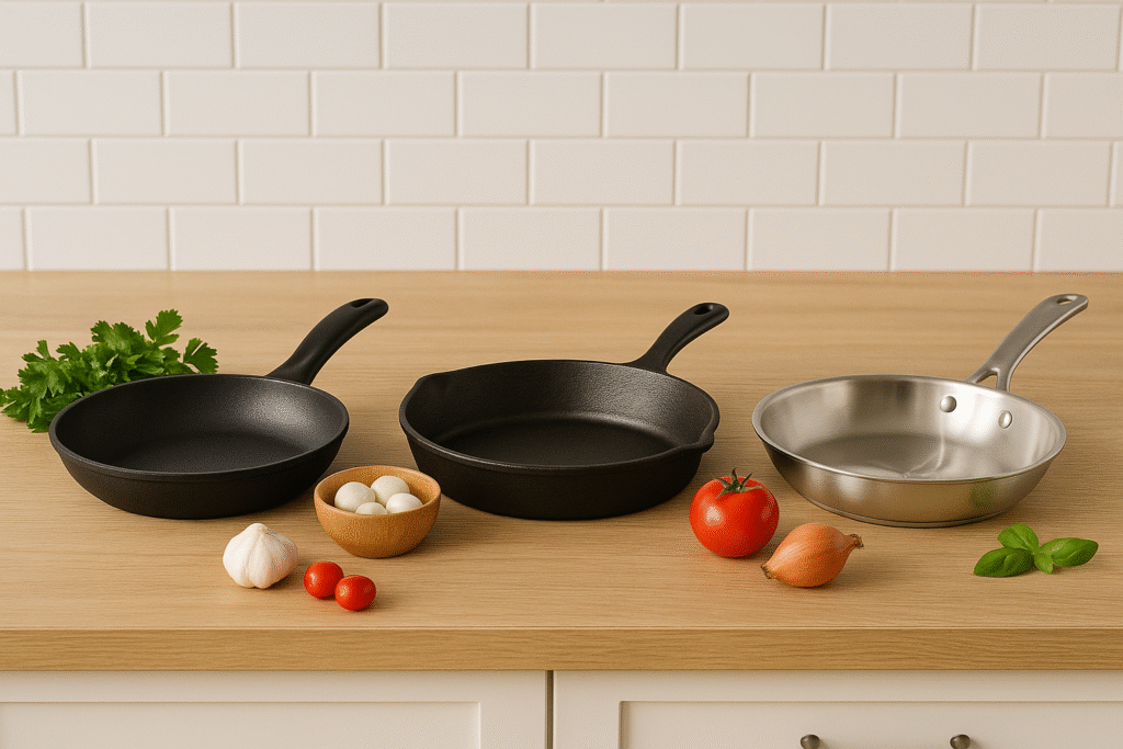 Different types of frying pans on kitchen counter