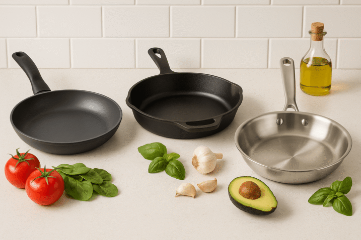 Different types of frying pans use for everyday cooking on a kitchen counter