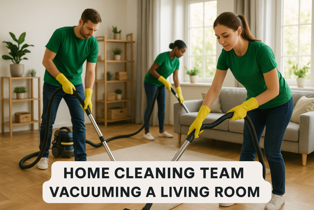 Home cleaning service team vacuuming living room.