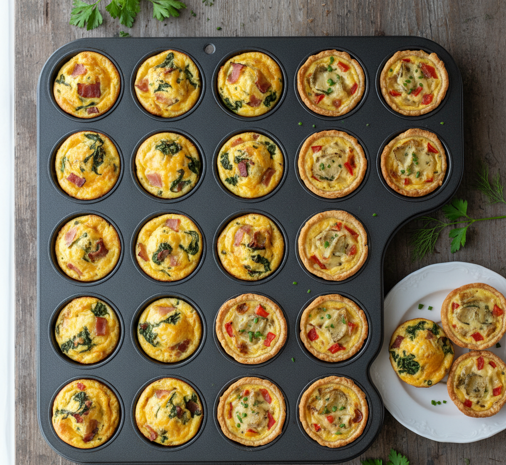 Assorted mini egg bites made in a mini muffin pan.