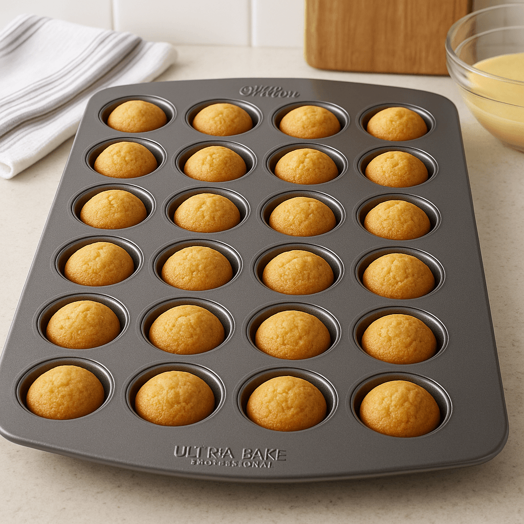 Wilton Ultra Bake Professional 24-Cup Mini Muffin Pan with freshly baked muffins