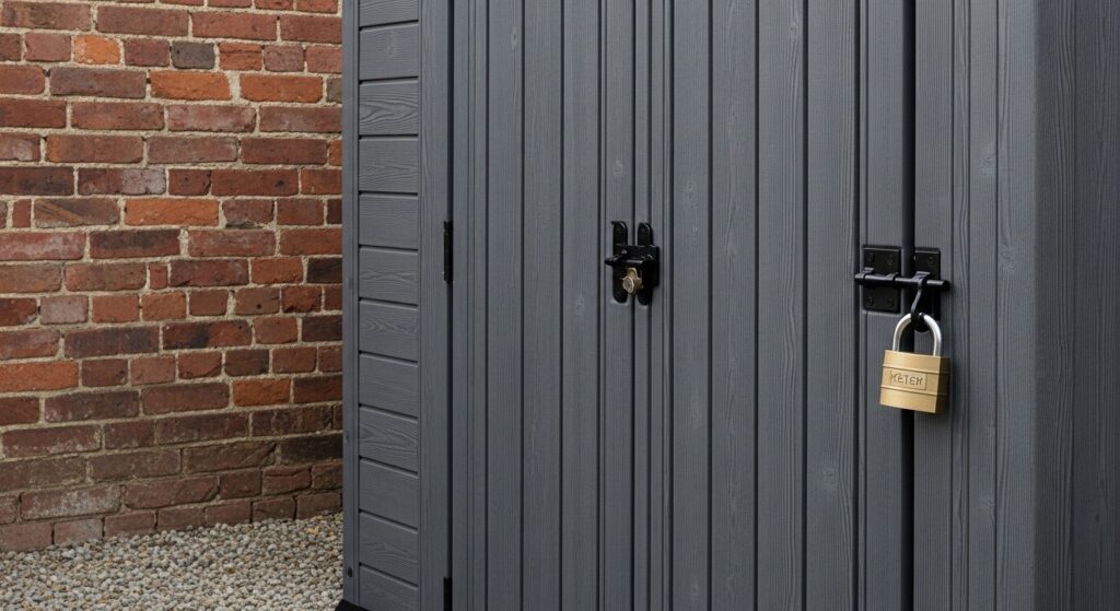 Secure lockable Keter bike shed for outdoor bicycle protection.