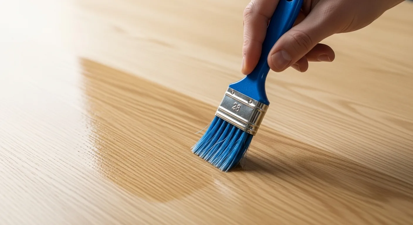 Applying clear water based polyurethane to an oak table with a synthetic brush.