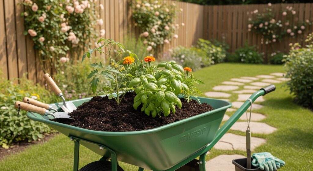 Garden wheelbarrow filled with soil and plants