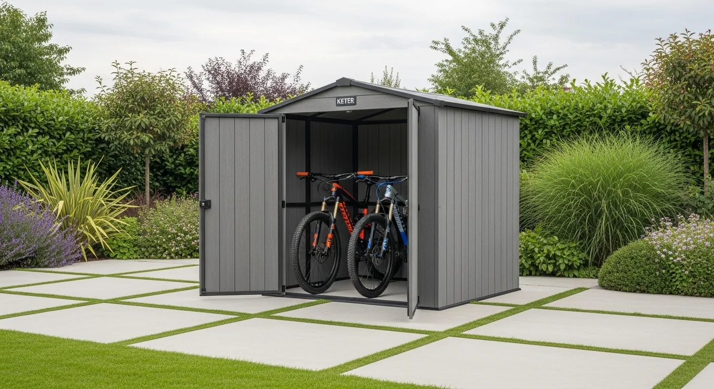 Keter Store-It-Out Prime resin bike shed with two mountain bikes.