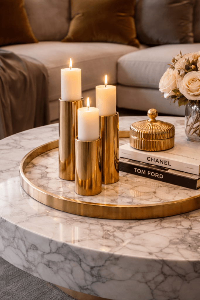 Marble tray with luxury home accessories.