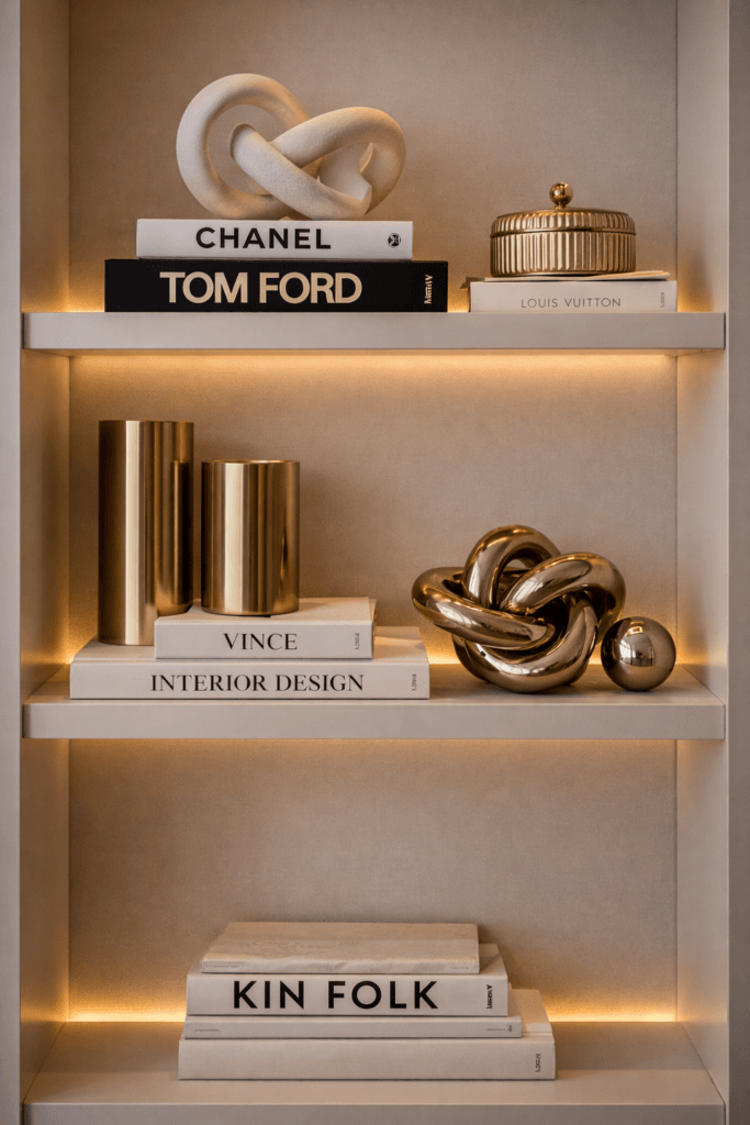 Designer home accessories on shelf.