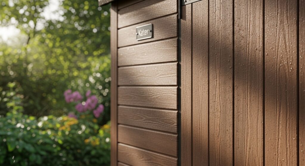 Close up of weatherproof Keter Grande Store grey resin texture.