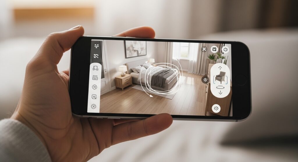 Using an AR app to shop for home interior decor online.