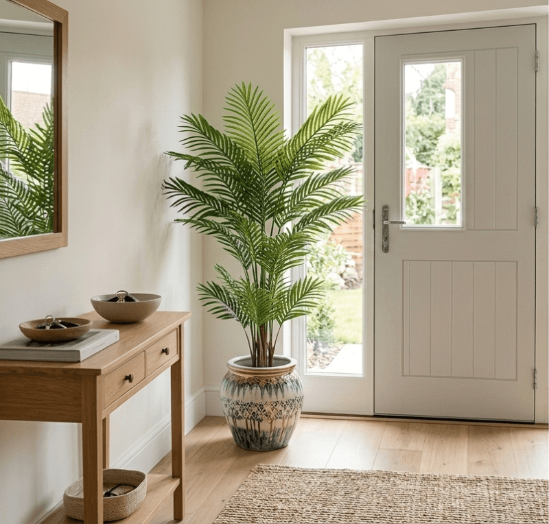 Artificial palm tree in entryway