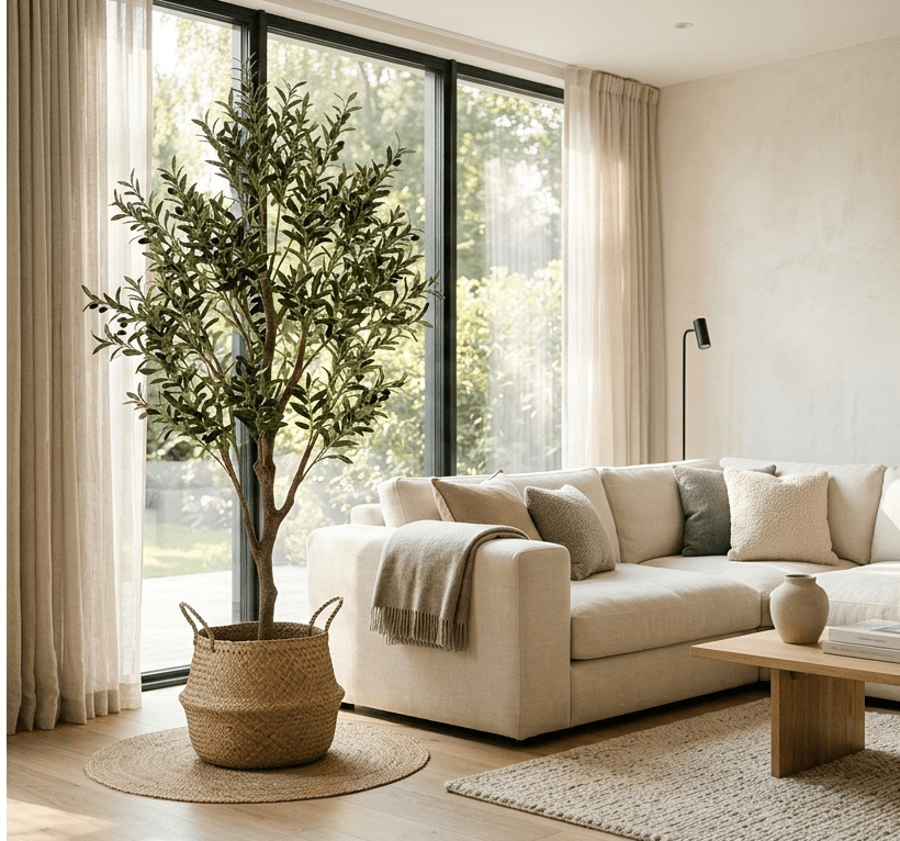 Artificial olive tree in modern living room.