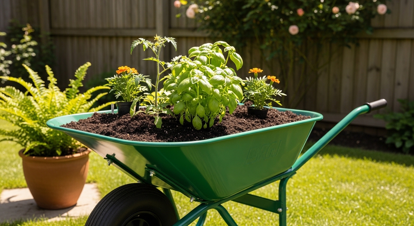 Garden wheelbarrow filled with soil and plants