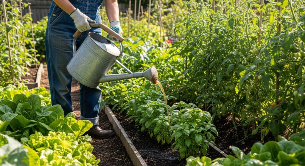 Applying natural fertilizer to garden plants