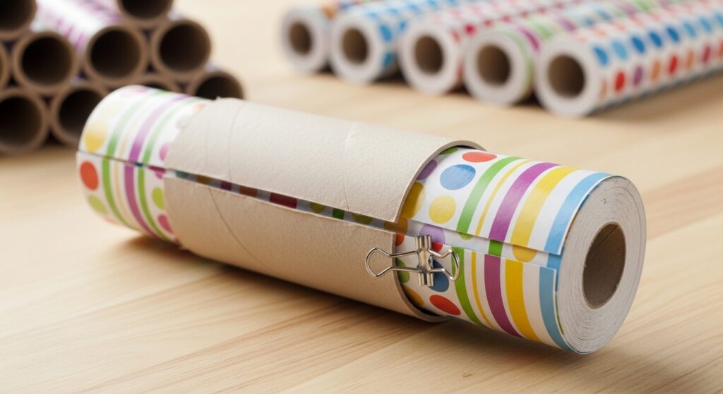 DIY wrapping paper storage trick using a cardboard tube to secure the roll.