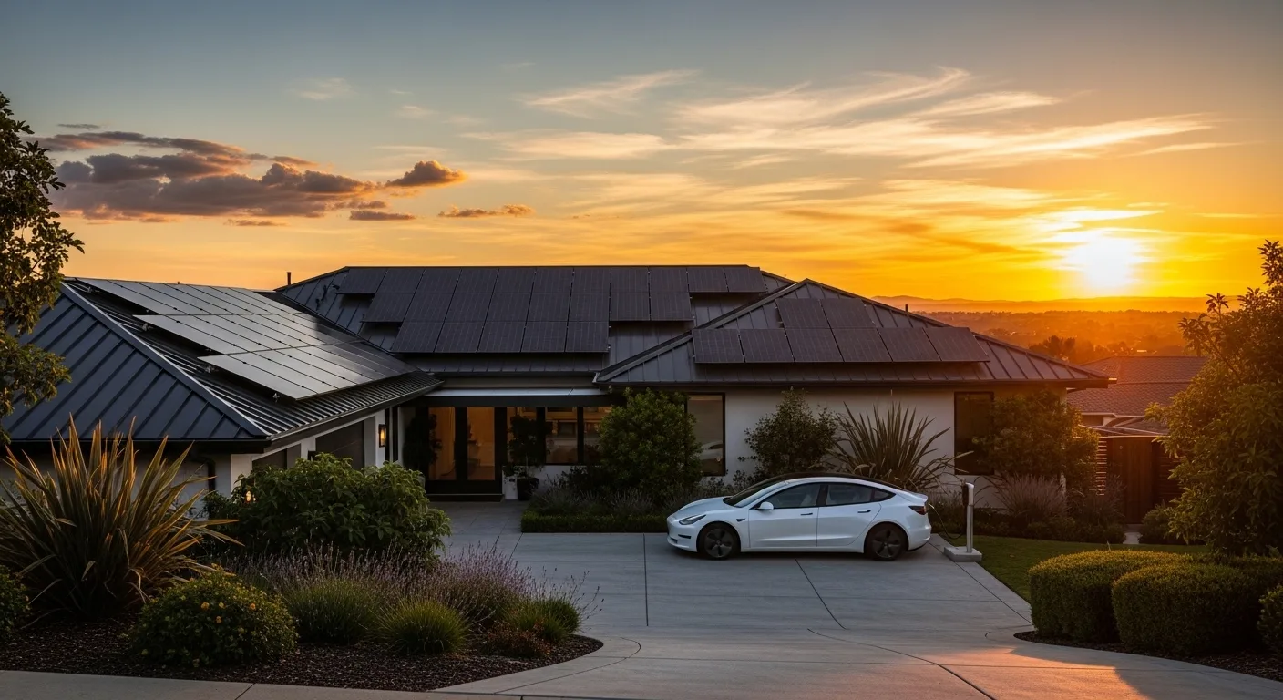 Modern home with solar panels and an electric vehicle reflecting 2026 solar energy trends.