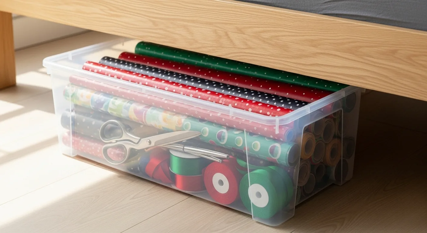 Under-bed wrapping paper storage box filled with colorful gift wrap and ribbons.