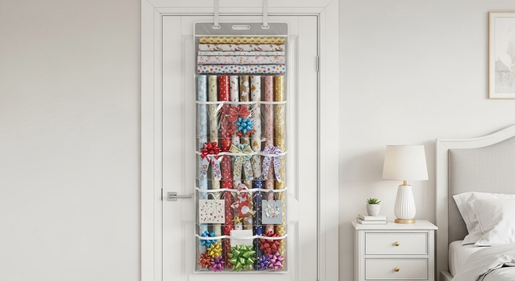 Over-the-door gift wrap organizer hanging in a closet to save space.