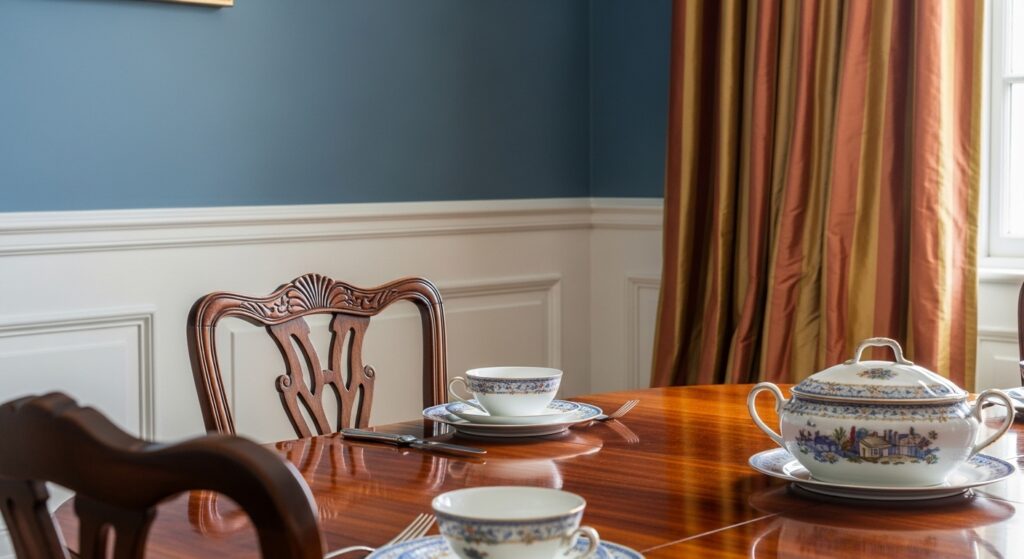 Detail shot of a Georgian Style Homes Interior dining area featuring a mahogany table, Wedgwood blue walls with dado rails, and luxurious silk curtains.