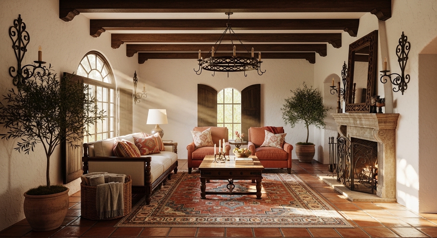 A cozy Spanish Style Homes Interior living room featuring exposed wooden ceiling beams, white stucco walls, and a terracotta tile floor.