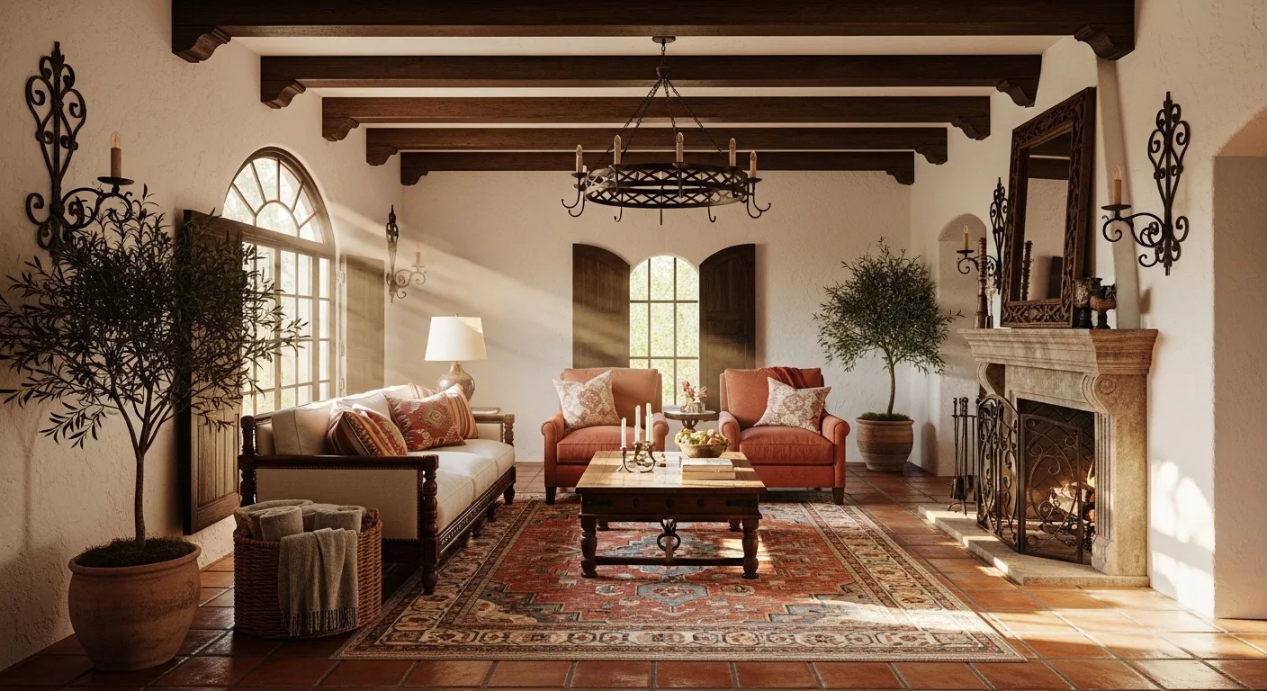 A cozy Spanish Style Homes Interior living room featuring exposed wooden ceiling beams, white stucco walls, and a terracotta tile floor.