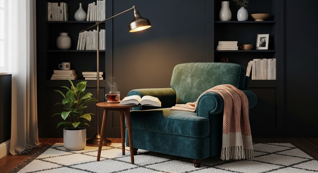 Moody accent wall and lighting layers in a modern home interior.