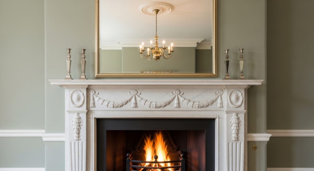 An elaborate carved white marble Georgian fireplace topped with a large gold-framed overmantel mirror and matching silver candlesticks.