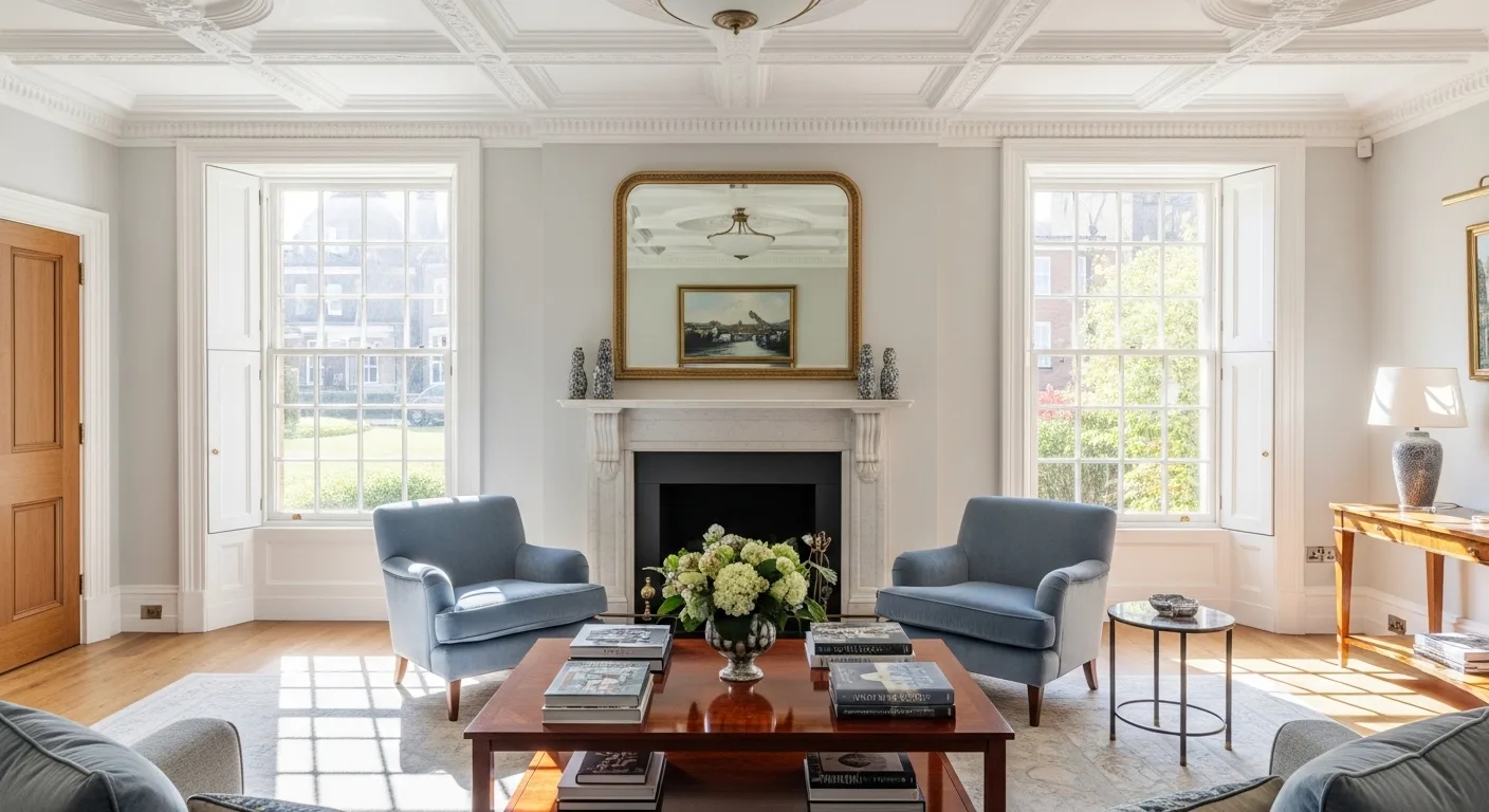 Elegant Georgian style living room interior with symmetrical furniture, marble fireplace, and ornate plaster moldings.