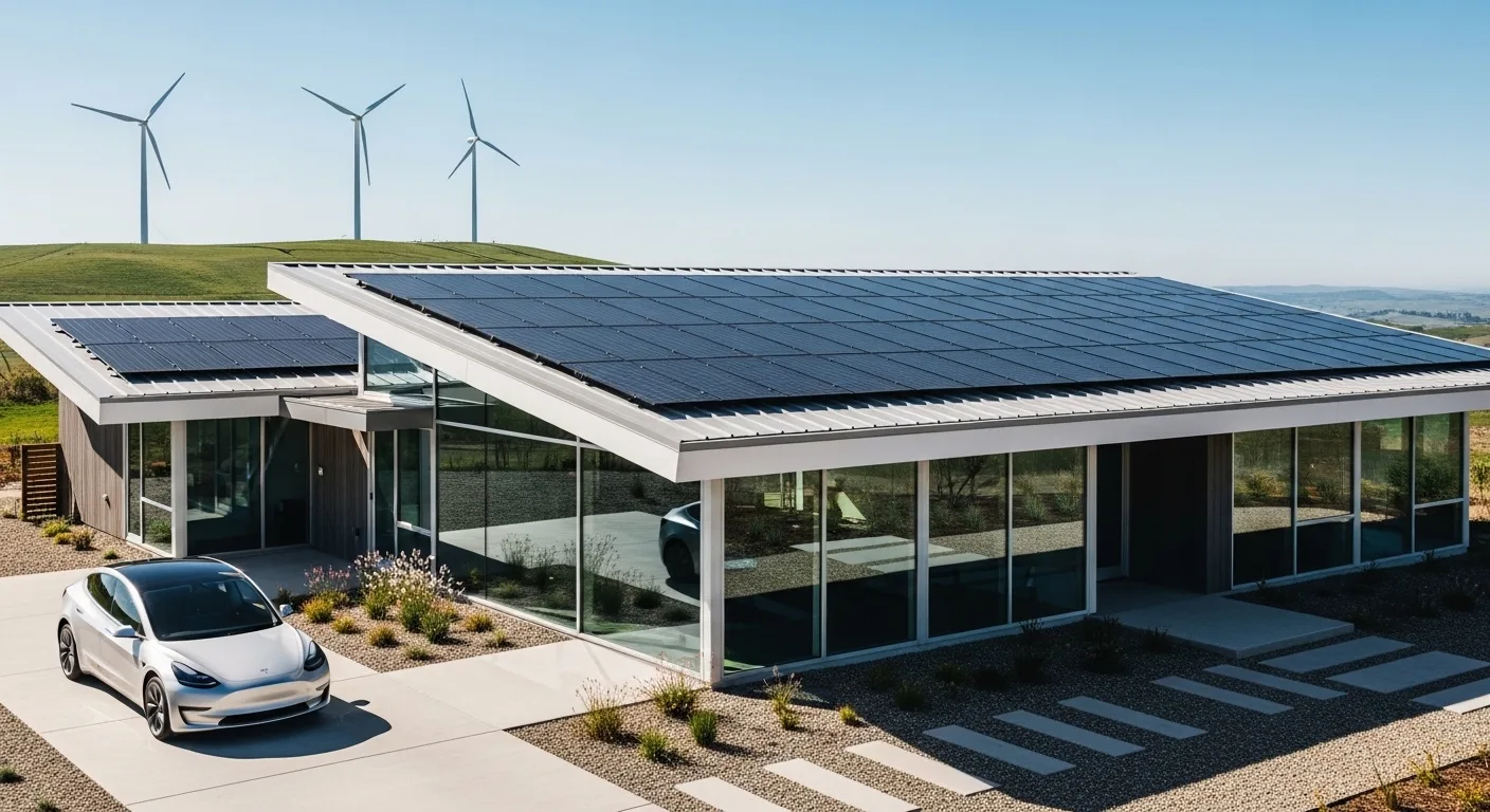 A modern eco-friendly home with solar panels and wind turbines representing renewable technologies.