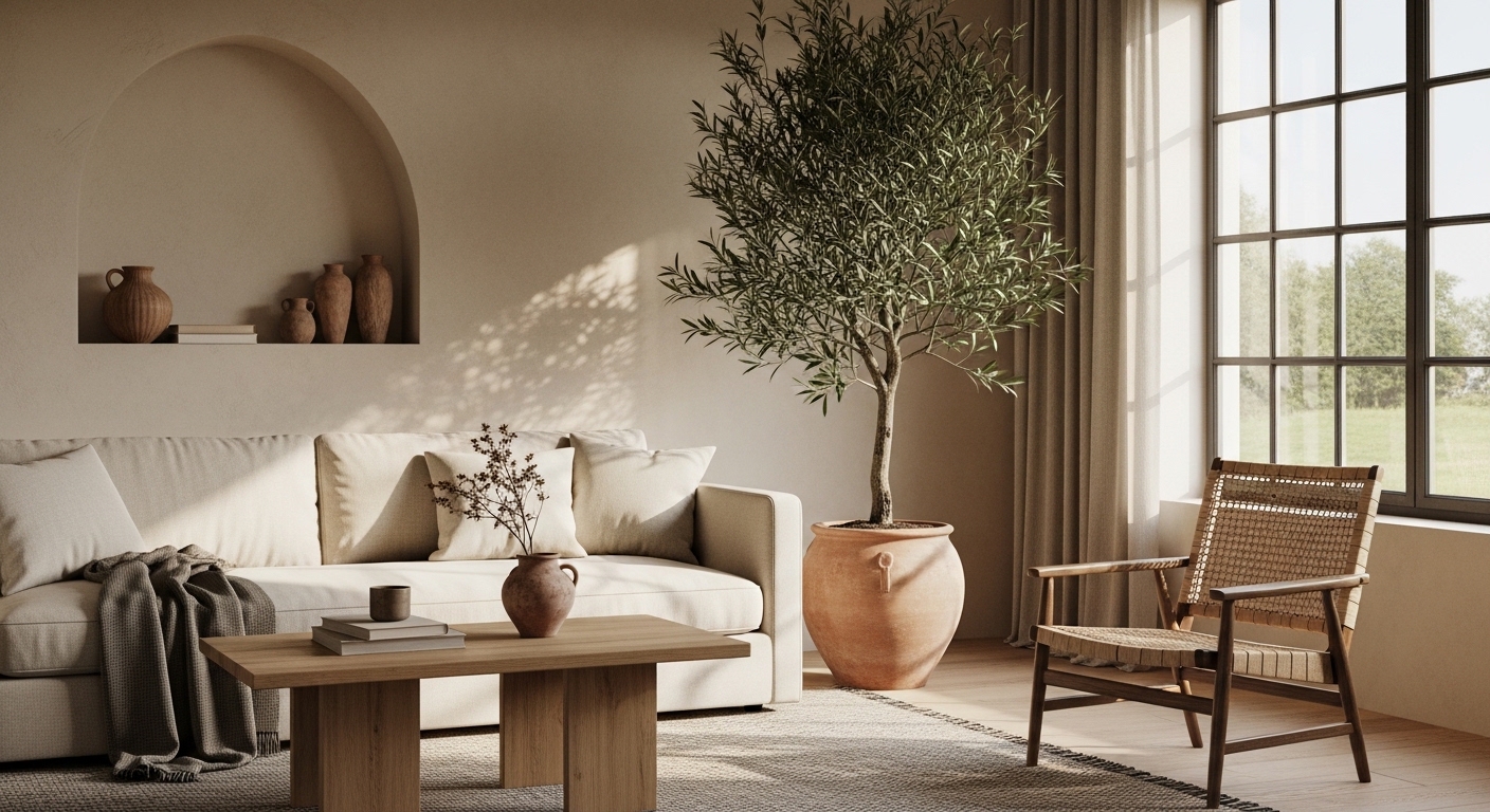 Warm minimalist living room with biophilic interior and decor elements.