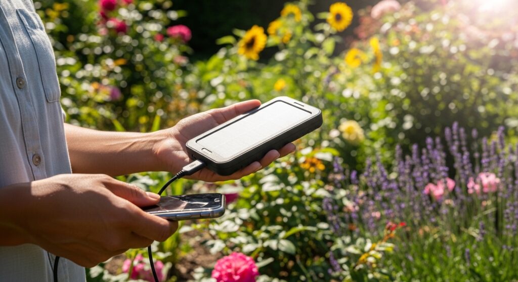A portable solar charger being used outdoors to charge a mobile phone.
