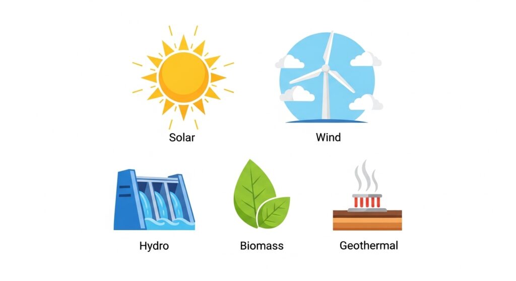 Diagram showing five types of renewable energy sources: solar, wind, hydro, geothermal, and biomass.