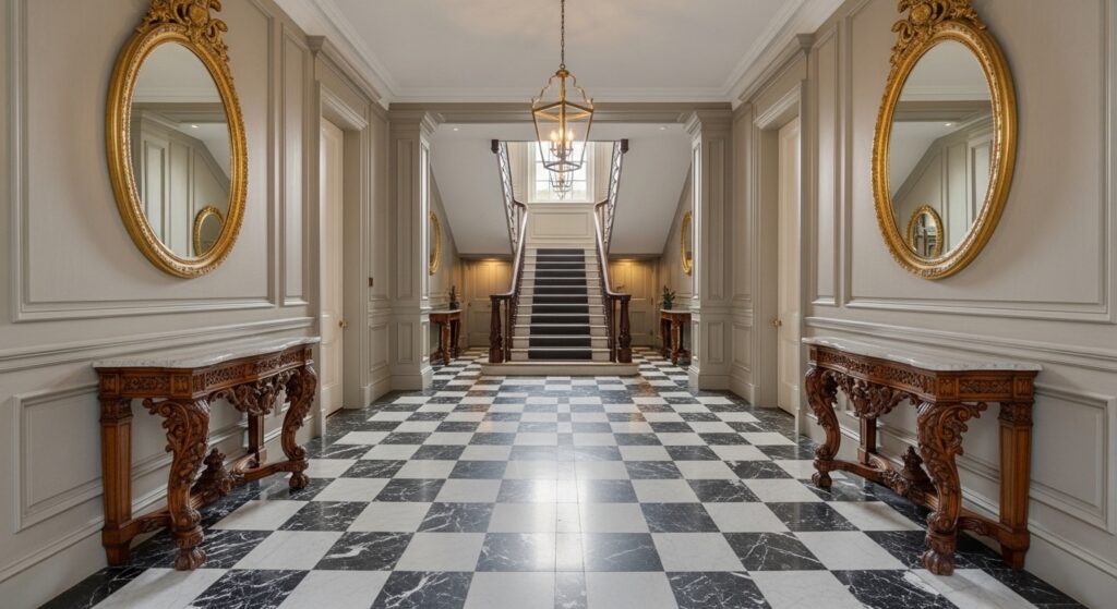 Symmetrical Georgian hallway interior with black and white marble flooring, matching console tables, gilded mirrors, and period wood paneling.