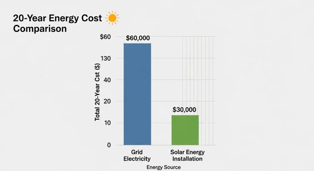 Bar chart comparing the 20-year cost of grid electricity vs. the cost of a solar energy installation.