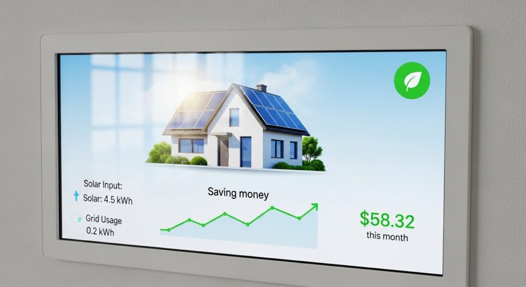 A smart home energy monitor displaying energy savings from renewable technology.