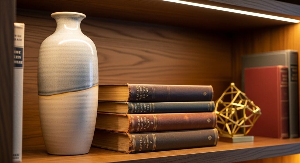 Professional bookshelf styling using the rule of three for home decor.