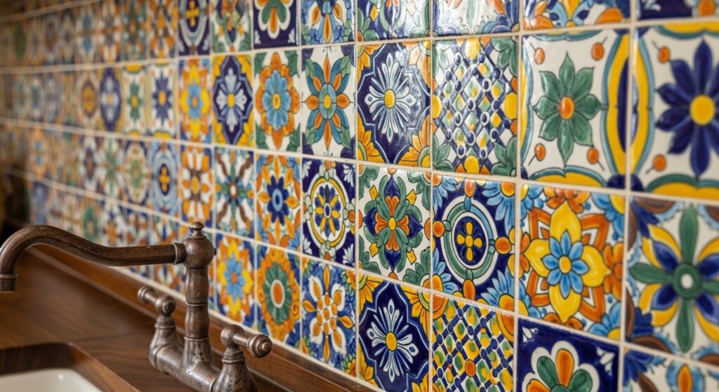 Close up of vibrant, hand-painted Talavera tiles used as a kitchen backsplash in a Spanish revival home.
