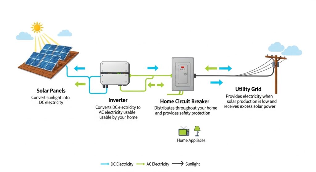Infographic showing the connection between solar panels, the inverter, the home circuit breaker, and the utility grid.