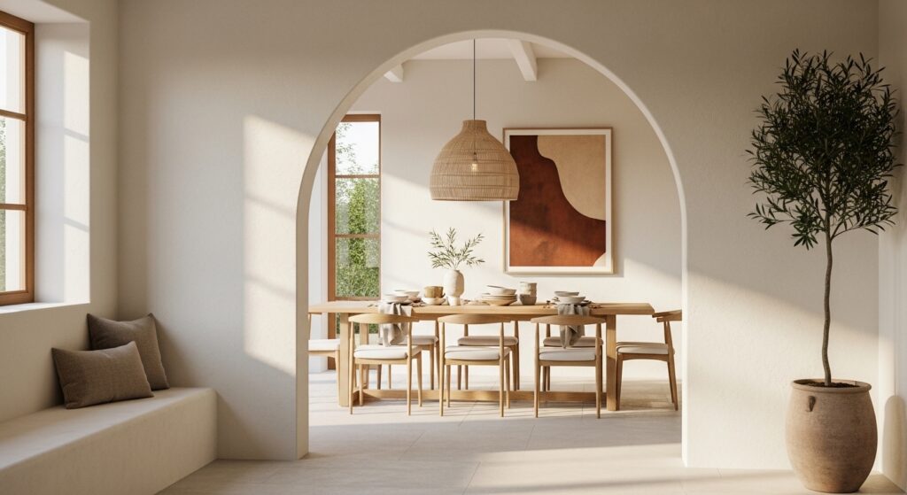 Modern Spanish Style Homes Interior design featuring a minimalist arched doorway leading into a sunlit dining room.