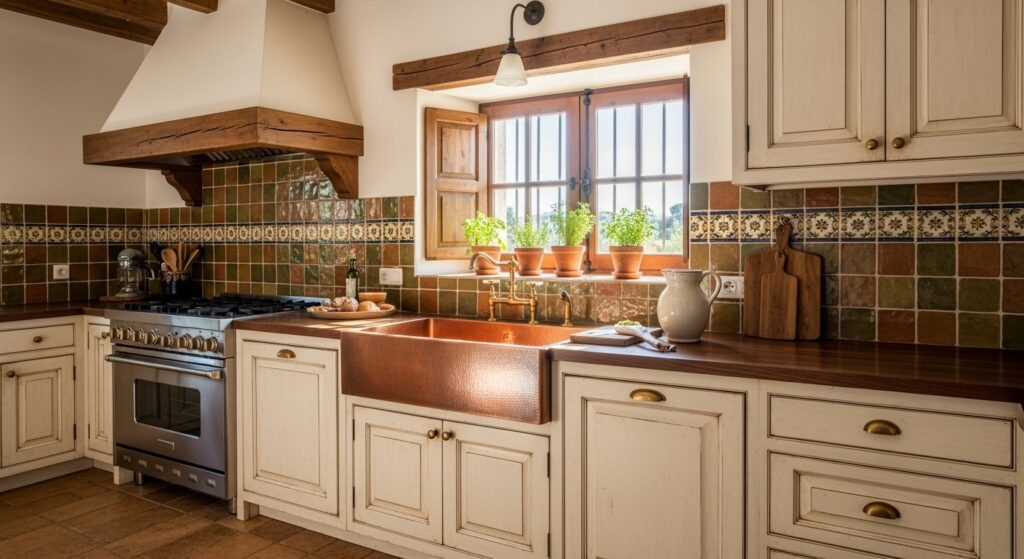 Rustic Spanish kitchen with an apron-front copper sink, cream cabinetry, and unlacquered brass hardware.
