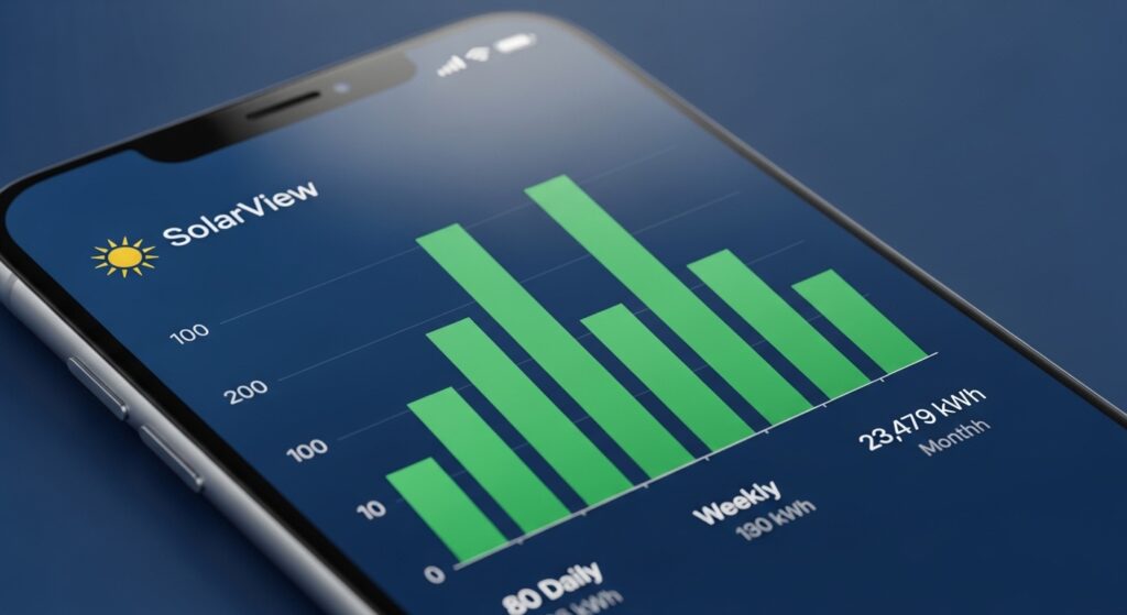 Smartphone screen showing a solar monitoring app with green bars indicating energy production.