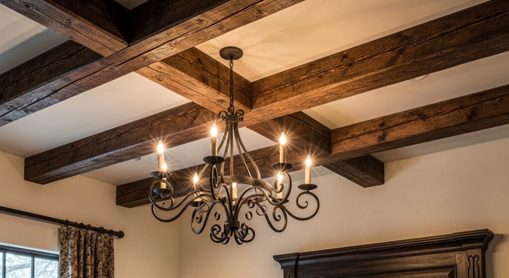Wrought iron chandelier hanging beneath dark distressed wood ceiling beams in a Mediterranean style bedroom.