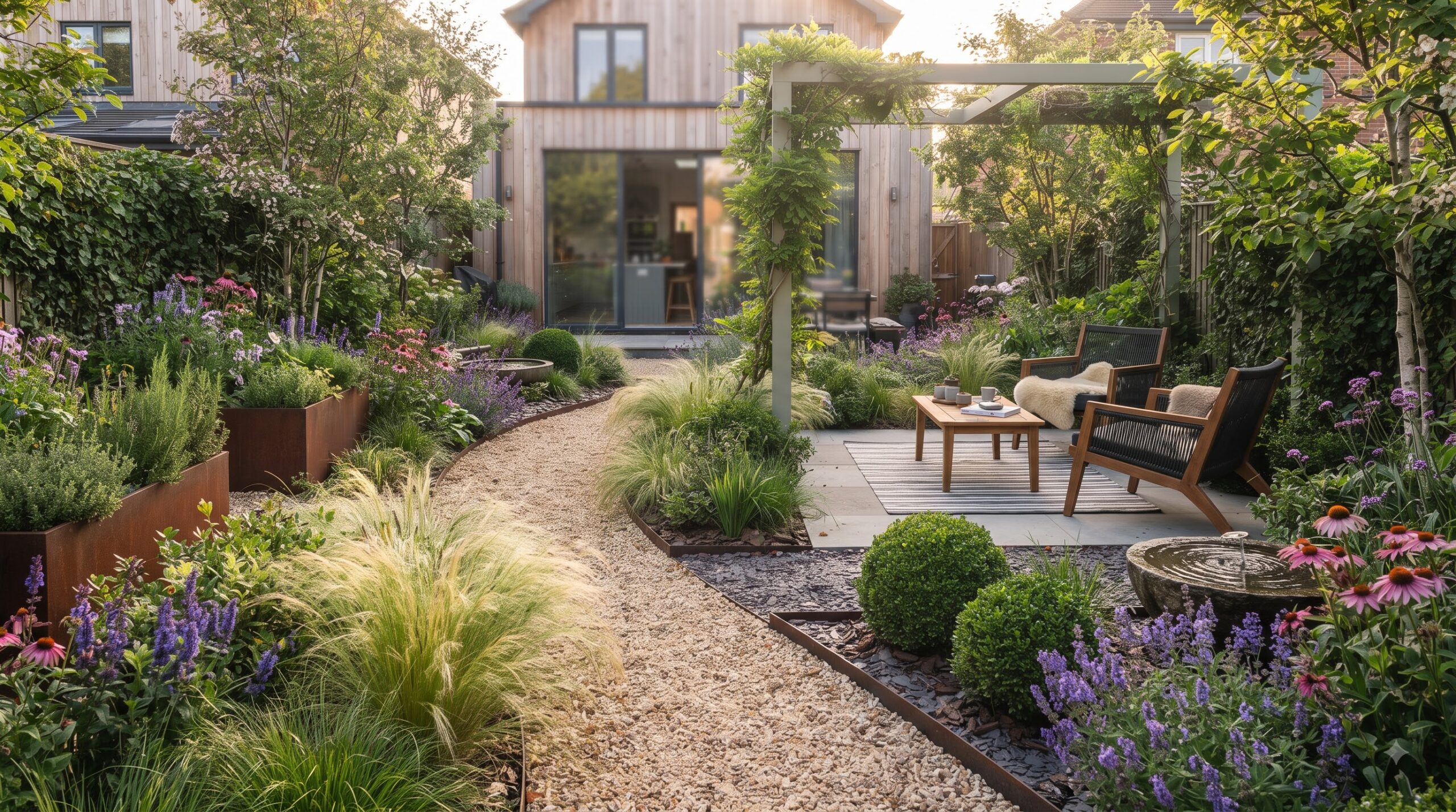 Beautiful low-maintenance garden with gravel paths, evergreen shrubs and flowering perennials